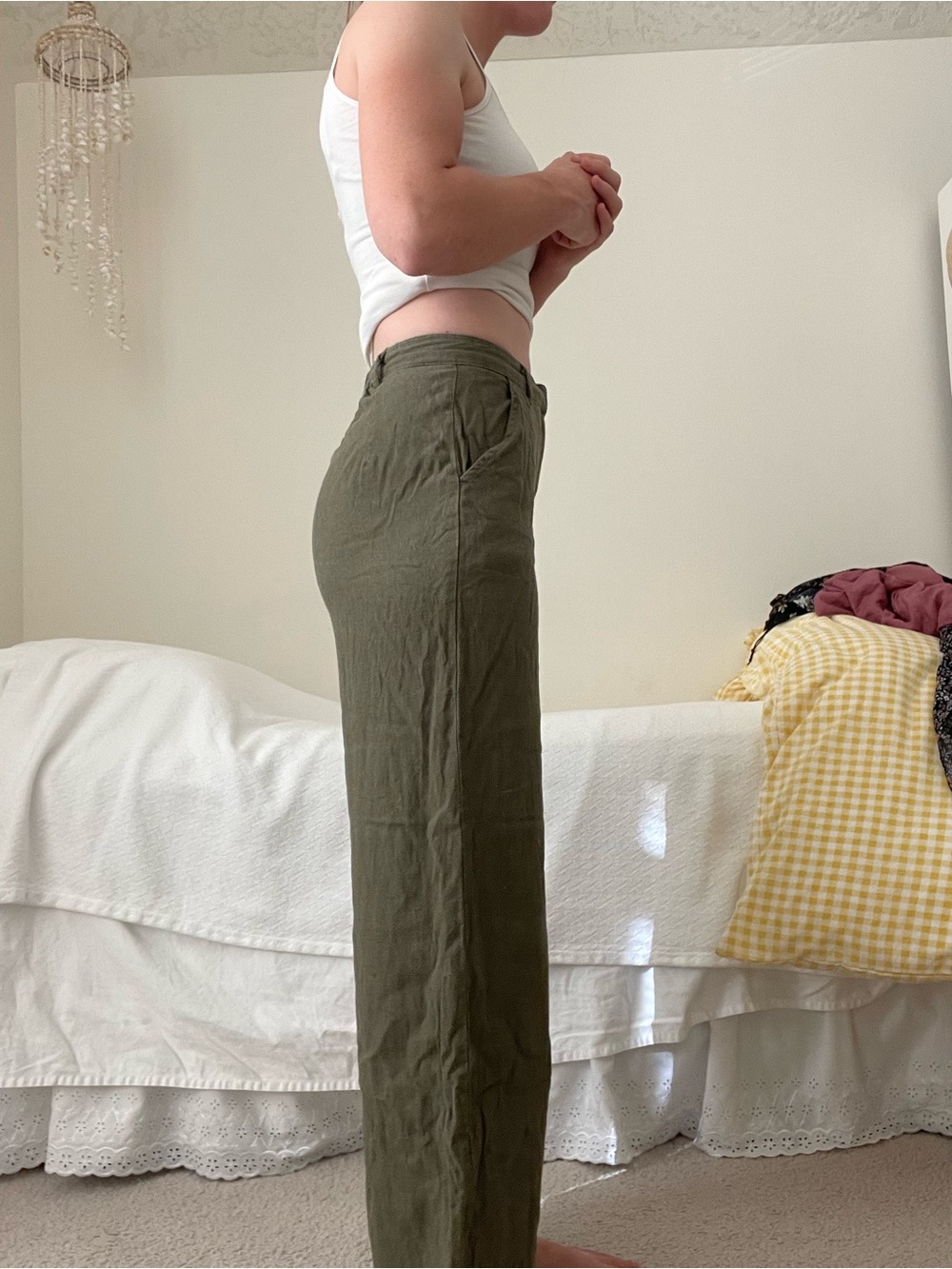 Olive Green Wide-Leg Linen-Blend Pants - Picture 3 of 7